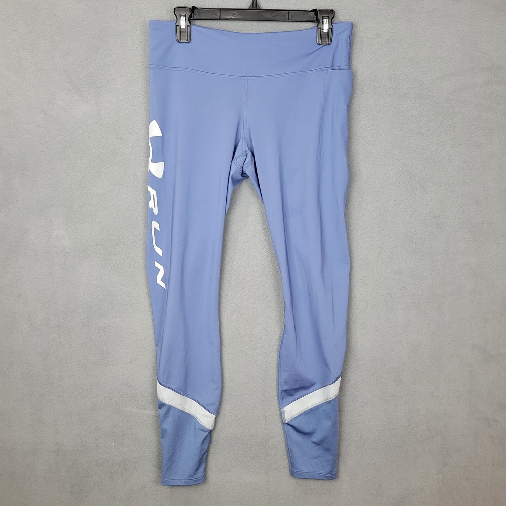 Under Armour Heatgear Leggings Womens Large Blue Logo Graphic Stretch Drawstring